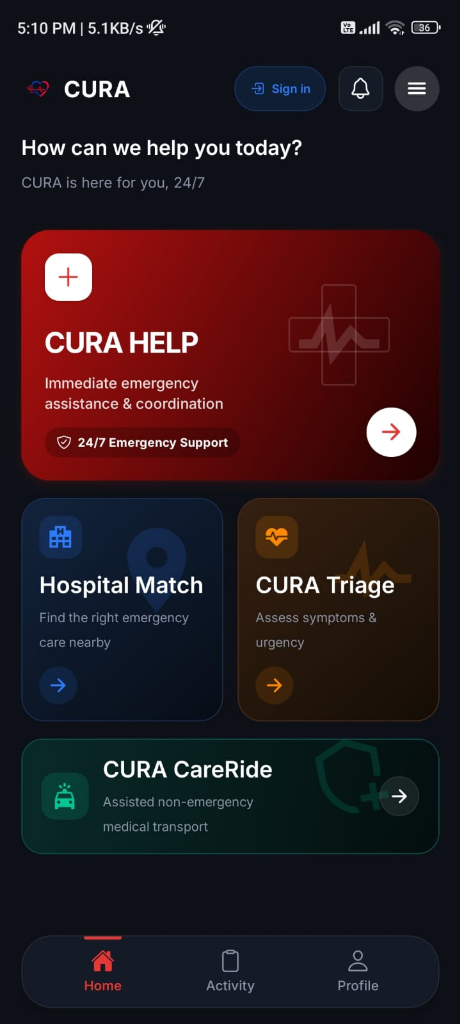 CURA App Home Screen